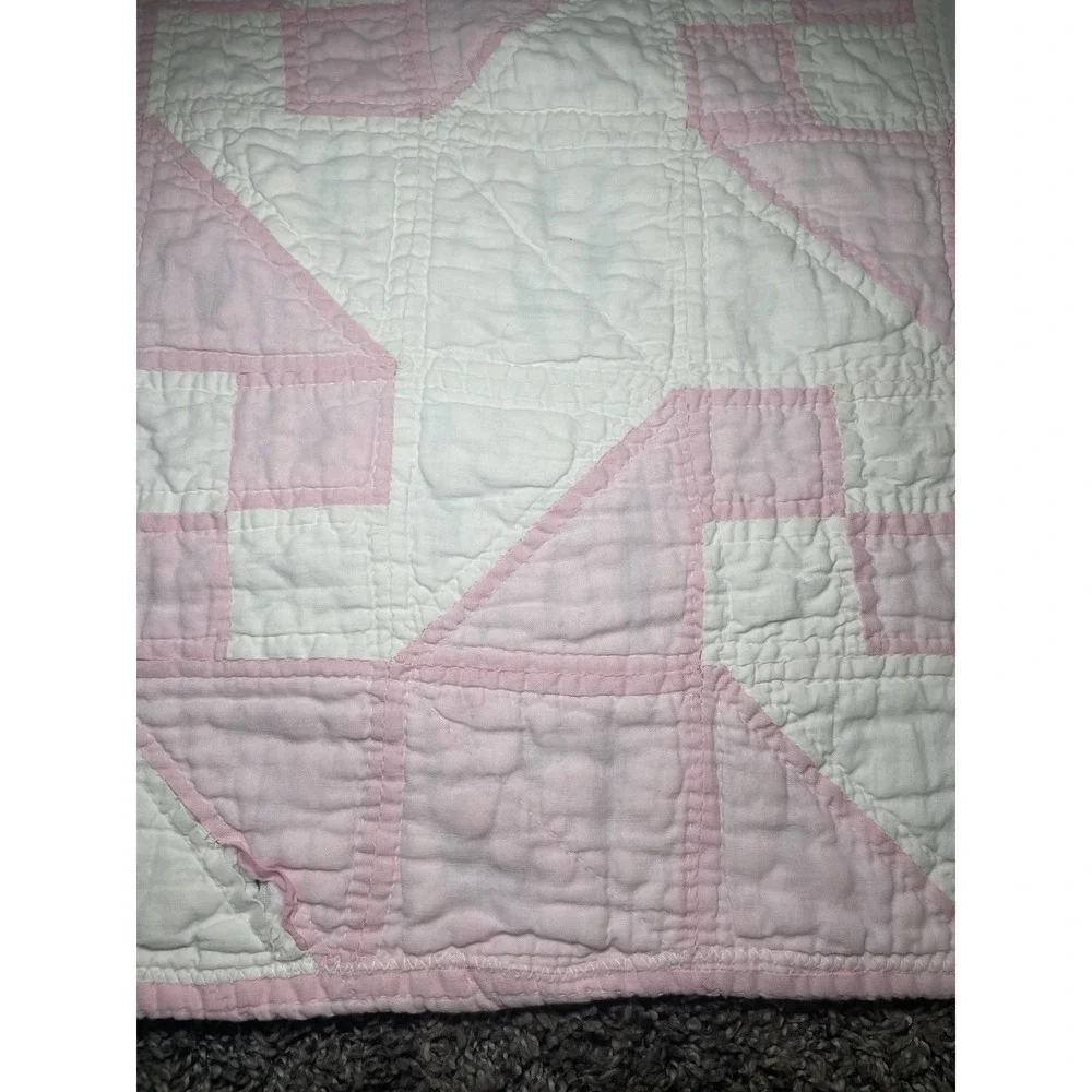 VTG ANTIQUE HANDMADE QUILT 69x69 Drunkard's Path Pink White Cottage 1920's Loved
